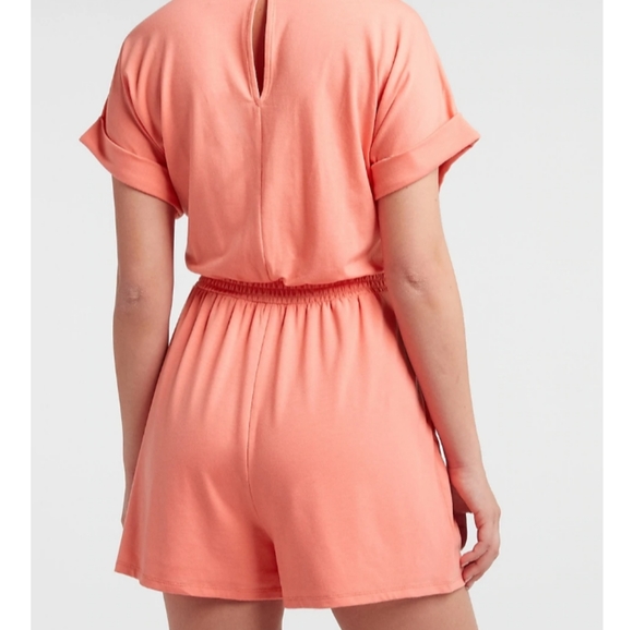Express V-Neck Short Sleeve Lounge Romper, Coral Peach - Picture 6 of 6